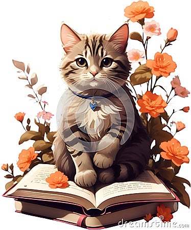 cat sitting on a pile of books with flowers behind them. AI-Generated. Stock Photo