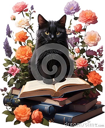 cat sitting on a pile of books with flowers behind them. AI-Generated. Stock Photo