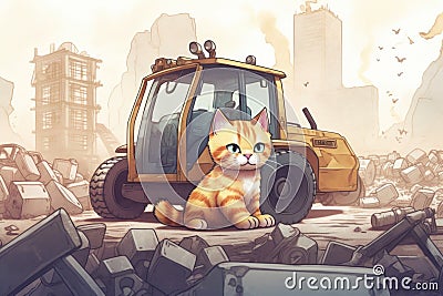 A cat sitting on a pile of rubble next to a bulldozer. Generative AI image. Stock Photo