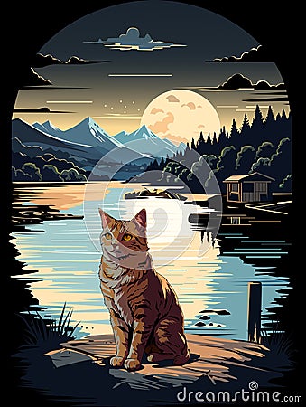 cat sitting relaxed under the moonlight with beautiful views of mountains and rivers Stock Photo