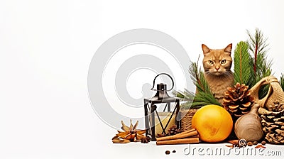 A cat sitting on top of a pile of christmas decorations, AI Stock Photo