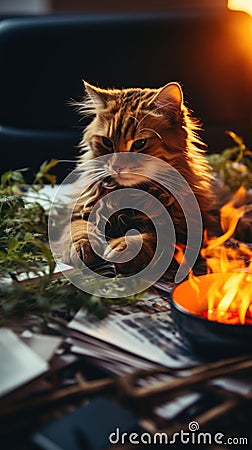 A cat sitting on top of a pile of papers, AI Stock Photo