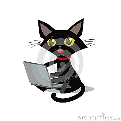 The cat is sitting. Vector cat. Cat and laptop. Curious cat. Vector Illustration