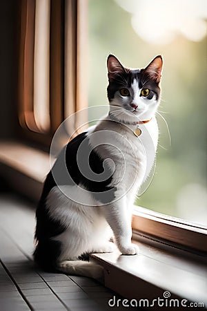 Cat Sitting on Windowsill with Gold Collar Stock Photo