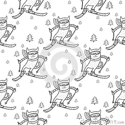 Cat skiing in the forest. Winter sport pattern Vector Illustration