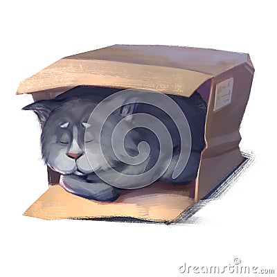 Cat sleep in box 2d art digital draw Stock Photo