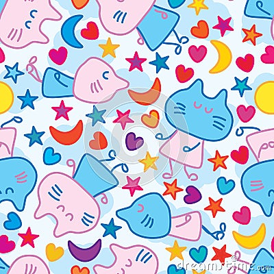 Cat sleep fly sky moon star love seamless pattern Vector Illustration