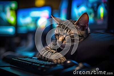 A cat is sleeping on a computer keyboard. Generative AI image. Stock Photo