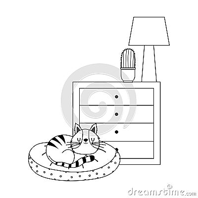 Cat sleeping on cushion drawers with cactus and lamp isolated design Vector Illustration