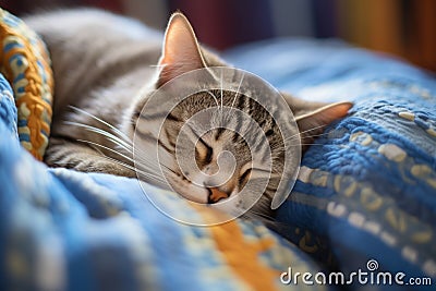 Cat sleeping lying on blanket. Cat resting on couch in living room Stock Photo