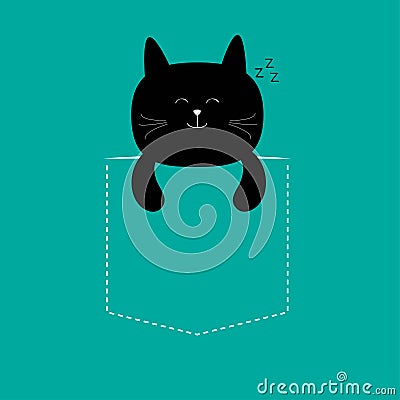 Cat sleeping in the pocket. Cute cartoon character. Black kitten sleep kitty. Dash line. Vector Illustration