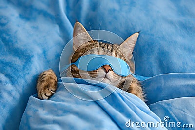 Cat sleeping in sleep mask lying in the bed. World Sleep Day concept. Rest and relax, daydreaming, healthy sleep, lazy day off Stock Photo