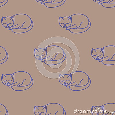 cat sleeps seamless pattern hand drawn doodle, . line art, nordic, scandinavian, minimalism, monochrome. wallpaper Stock Photo