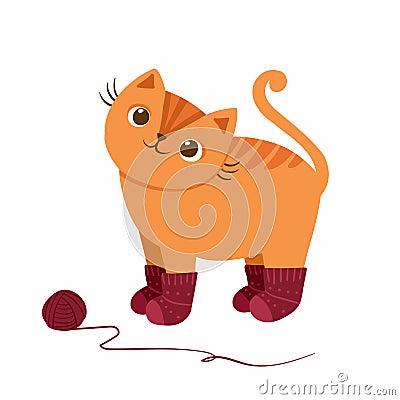 Cat in small knitted socks and with yarn ball. Cute kitten character. Mascot of goods for pets. Cartoon Illustration