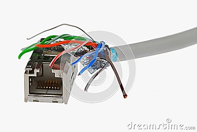 Cat6 SMTP shaped like hand catching female LAN Cat6 connector in steel chassis Stock Photo