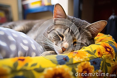 cat snoozing comfortably in a dog bed Stock Photo