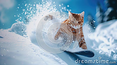 Cat snowboarder going down ski slope in winter, funny ginger pet rides snowboard spraying snow powder. Concept of sport, resort, Stock Photo