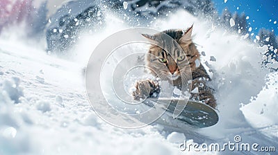 Cat snowboarder going down ski slope in winter, funny pet rides snowboard spraying snow powder. Concept of sport, extreme, resort Stock Photo