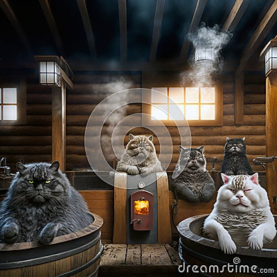 British cats relax in a Finnish sauna Cartoon Illustration