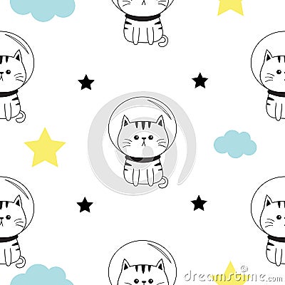 Cat spaceman head, hands. Cloud, star shape. Cute cartoon kawaii character. Baby pet collection. Seamless Pattern Wrapping paper, Vector Illustration