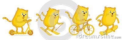 Cat sports entertainment set of stickers. Scooter ski bike and skateboard. Ginger cat. Mascot character. Active Cartoon Illustration