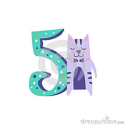 Cat Standing Next To Number Five Stylized Funky Animal Vector Illustration