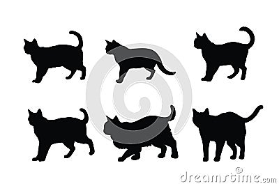 Cat standing silhouette bundle design. Cute cat walking in different positions silhouette collection. Feline standing design on a Vector Illustration