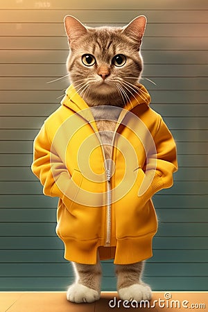 The cat stands on two legs in a hoodie Stock Photo