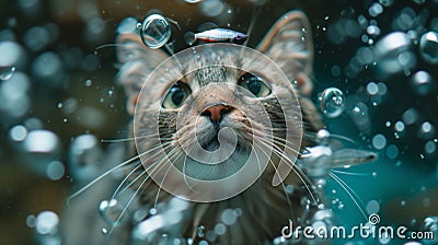 Cat staring attentively at a fish in an aquarium Stock Photo