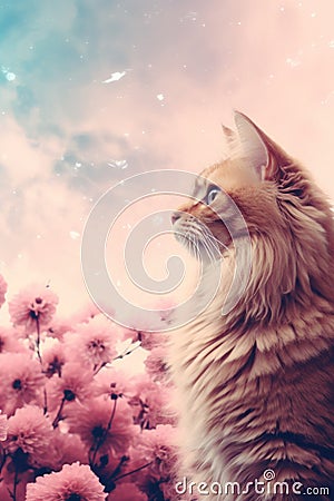 cat staring off into the distant, dreamy floral scene with pretty pastel colors Stock Photo