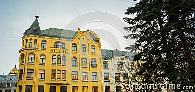 Cat statue on the roof. Detail of Cat House in the center of Riga, Latvia Editorial Stock Photo