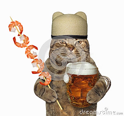 Cat with beer and shrimp skewer Stock Photo