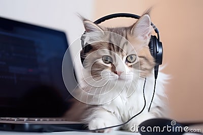 Cat student at e-learning next to laptop and listening to online education lessons with headphones Stock Photo