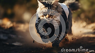 A cat in a suit running through the dirt with leaves, AI Stock Photo