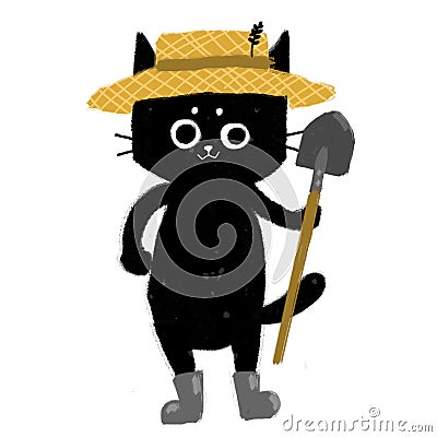 Black sadon cat in straw hat with spade Stock Photo