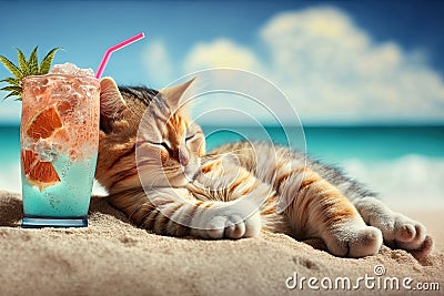 cat sunbathing on tropical beach with drink glass drinking cocktail illustration generative ai Cartoon Illustration