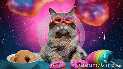 The cat in sunglasses with a color donut. Stock Photo