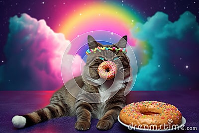 The cat in sunglasses with a color donut. Stock Photo