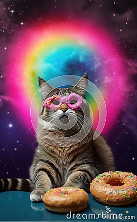 The cat in sunglasses with a color donut. Stock Photo