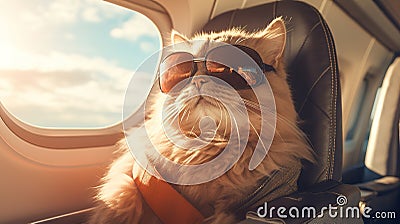 Cat in sunglasses sitting in airplane, traveling on vacation, generative ai Stock Photo