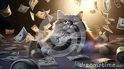 A cat suprised by banknotes falling on him Cartoon Illustration
