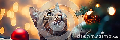 cat swats at a dangling Christmas tree ornament, with bokeh lights illuminating the mischievous holiday moment. Stock Photo