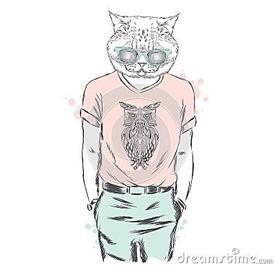 Cat T-shirt with a print and glasses. Vector illustration. Print for clothes , cards or posters . Vector Illustration