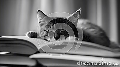 cat on the table black and white photo Lovely kitten sleeping on book Stock Photo