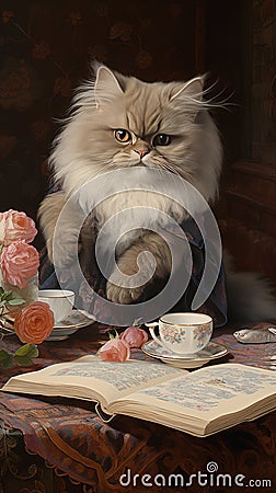 Cat on the table. Sneaky persian kitty at the table. Stock Photo