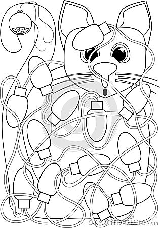 Cat Tangled in Christmas Lights Coloring Page Stock Photo