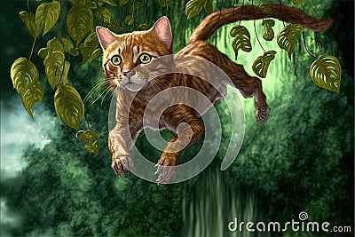 Cat tarzan in the jungle illustration generative ai Cartoon Illustration