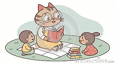 Cat teacher reading to students in circle for interactive storytelling vector design Generative AI Vector Illustration