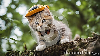 cat on the tree An adventurous kitten with a mock serious expression, pretending to be a tree climber Stock Photo