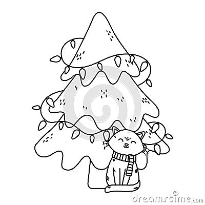Cat and tree lights celebration merry christmas thick line Vector Illustration